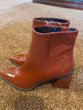 Nordstrom Rust-Red Patent Pointed Toe Block Heel Ankle Boots